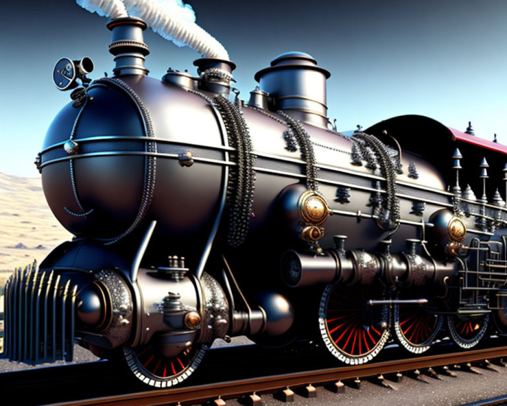 Detailed Illustration of Classic Steam Locomotive on Desert Railway