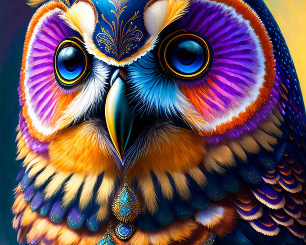 Colorful Owl Illustration with Blue, Purple, Orange, and Yellow Hues