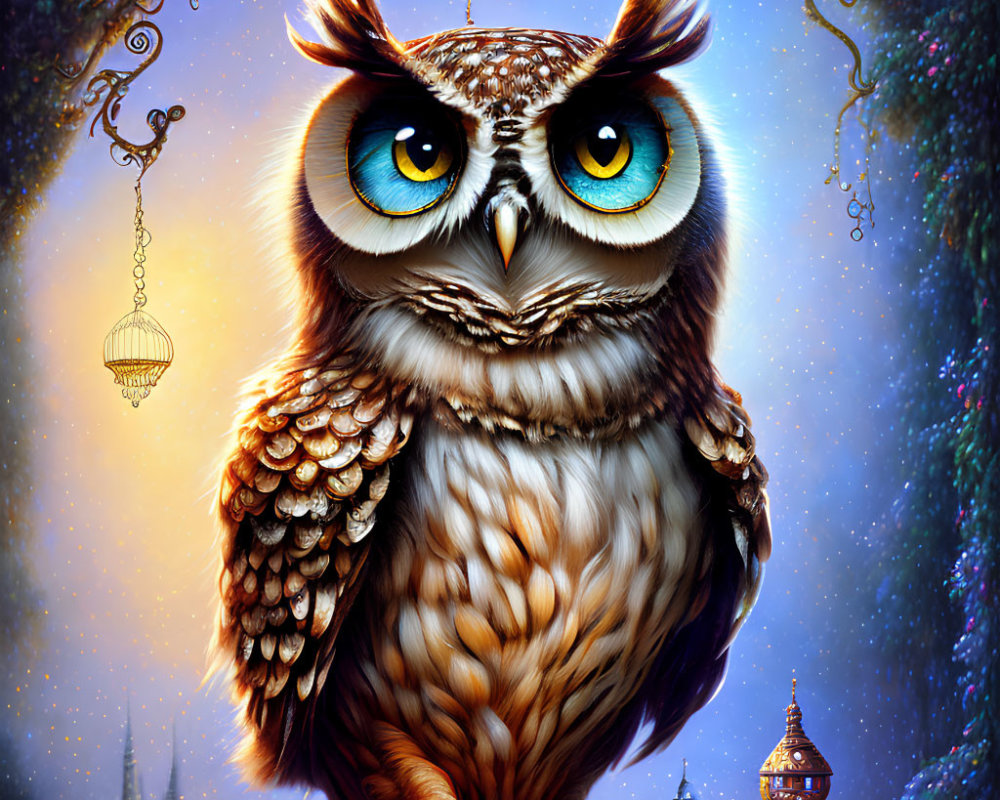 Majestic owl with blue eyes on branch in dreamlike setting