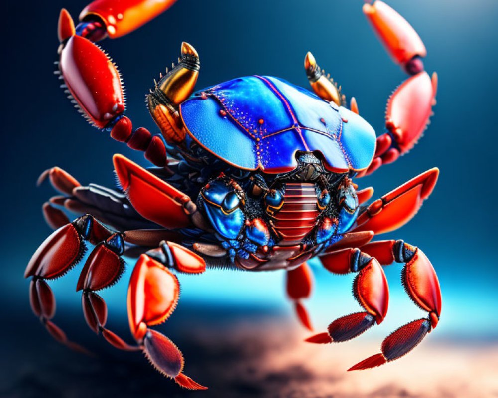 Colorful Crab with Blue Shell and Red-Orange Legs on Blurred Background