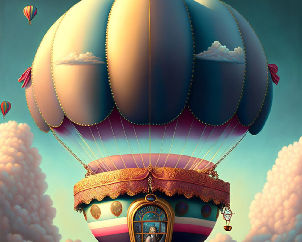 Detailed Hot Air Balloon Illustration Floating Among Clouds