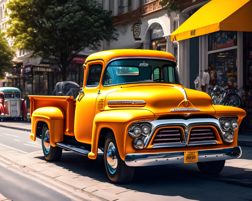 Vintage yellow pickup truck on city street with classic cars and tree-lined sidewalk