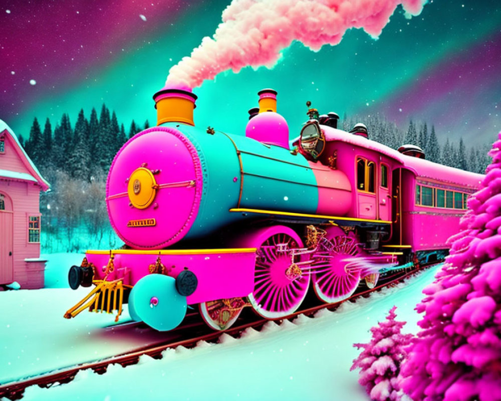 Colorful steam train in snowy landscape with pink trees and starry sky