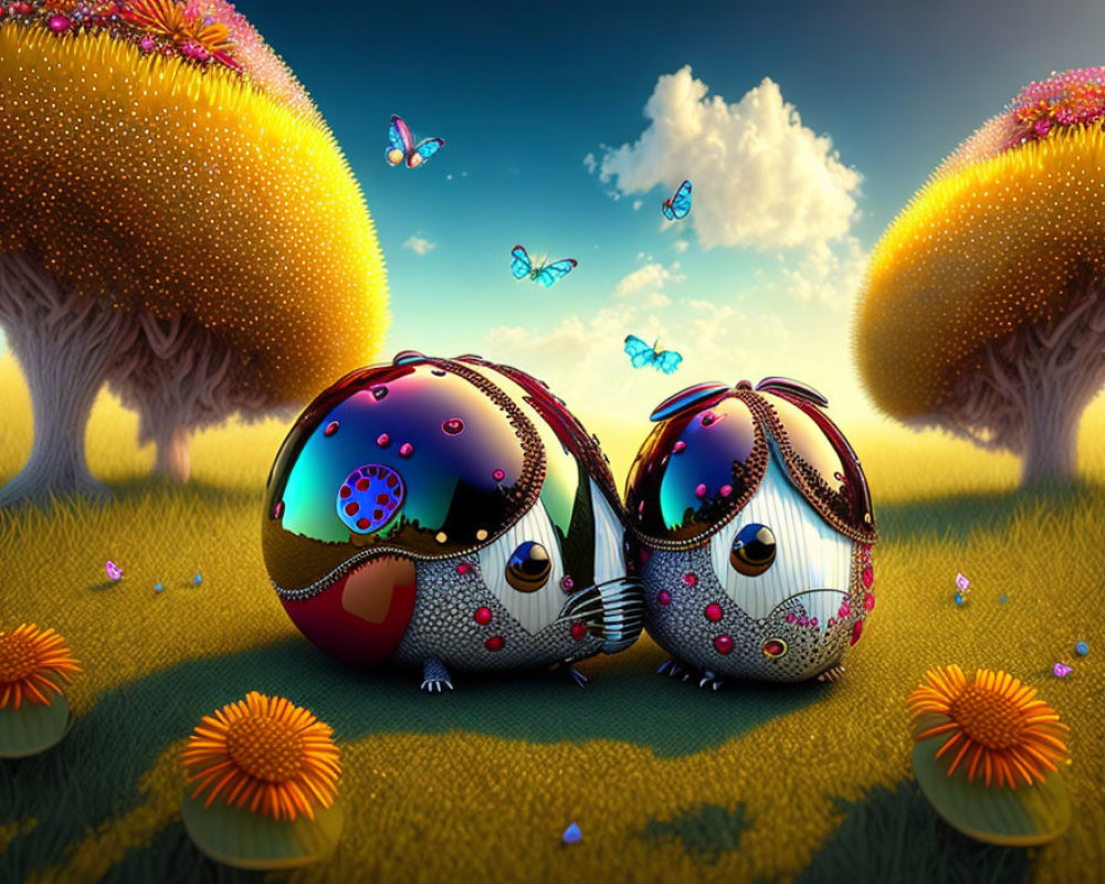 Egg-shaped creatures with eyes in vibrant, fantastical meadow