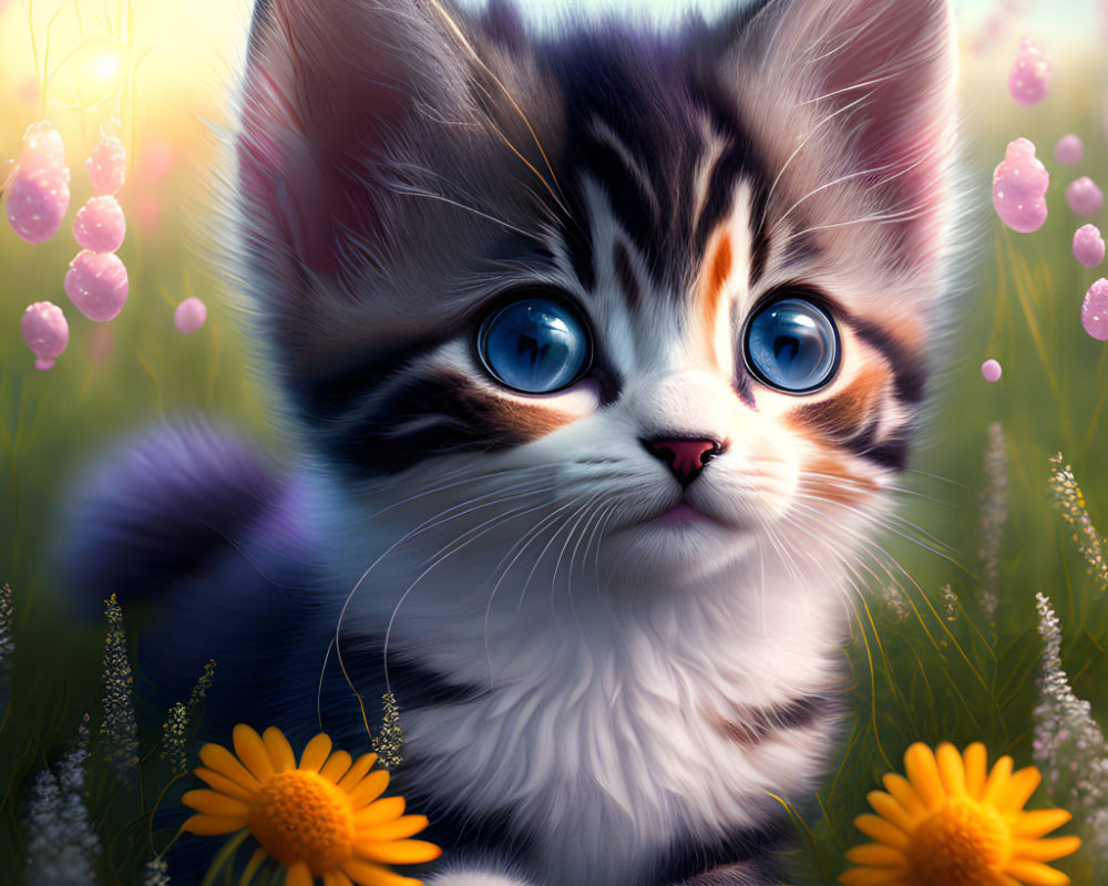 Fluffy Tabby Kitten with Blue Eyes in Sunny Meadow