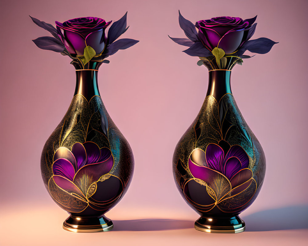 Dark vases with gold floral patterns holding deep purple roses on pink background