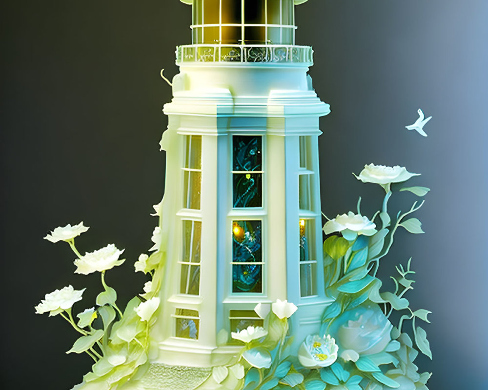 Illustrated lighthouse with green vines and white flowers in soft glow on dark background.