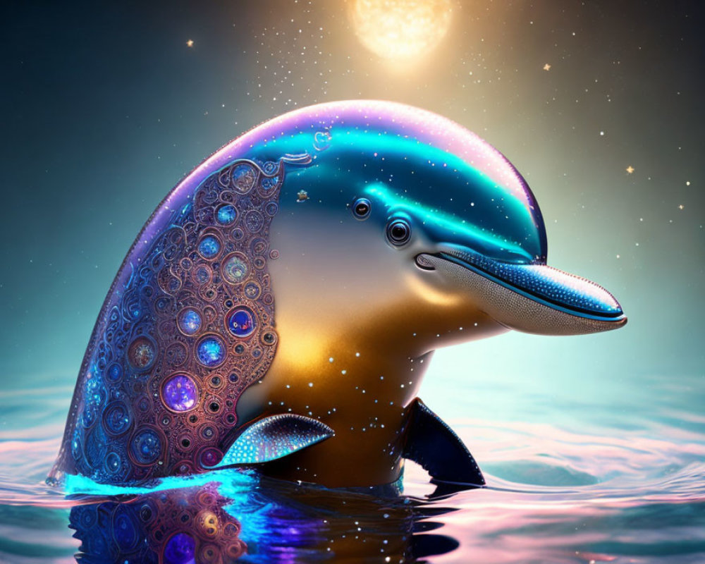 Stylized dolphin with cosmic patterns in starry night setting