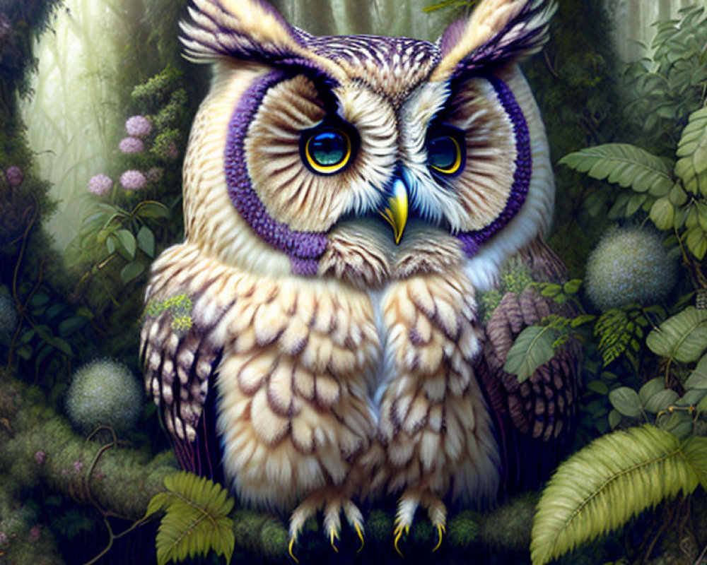 Colorful Stylized Owl Illustration in Enchanted Forest