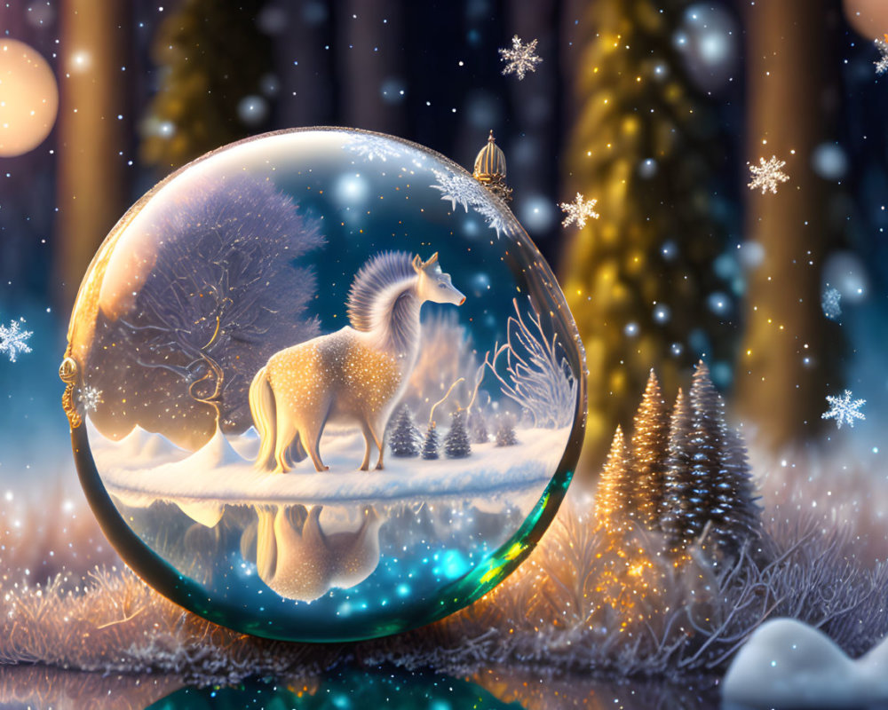 Majestic unicorn in snow globe in wintry forest