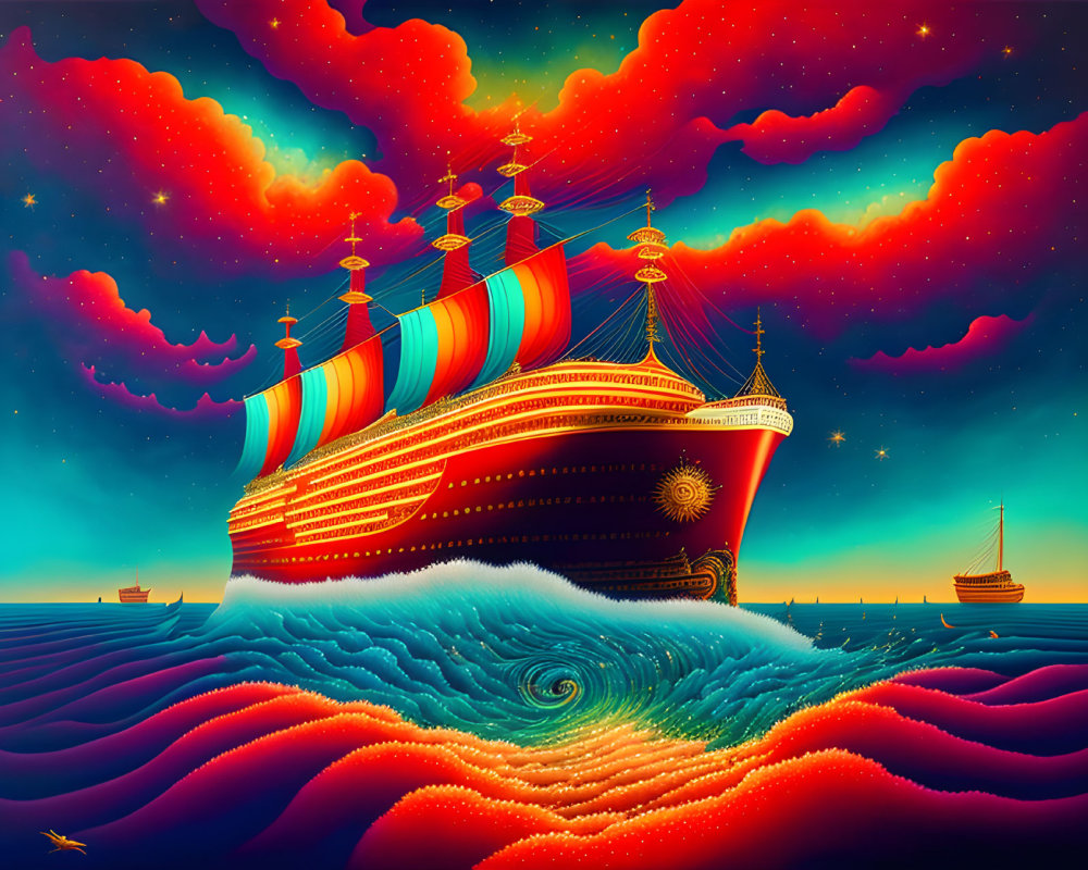 Colorful sailing ship painting on swirling sea under red clouds