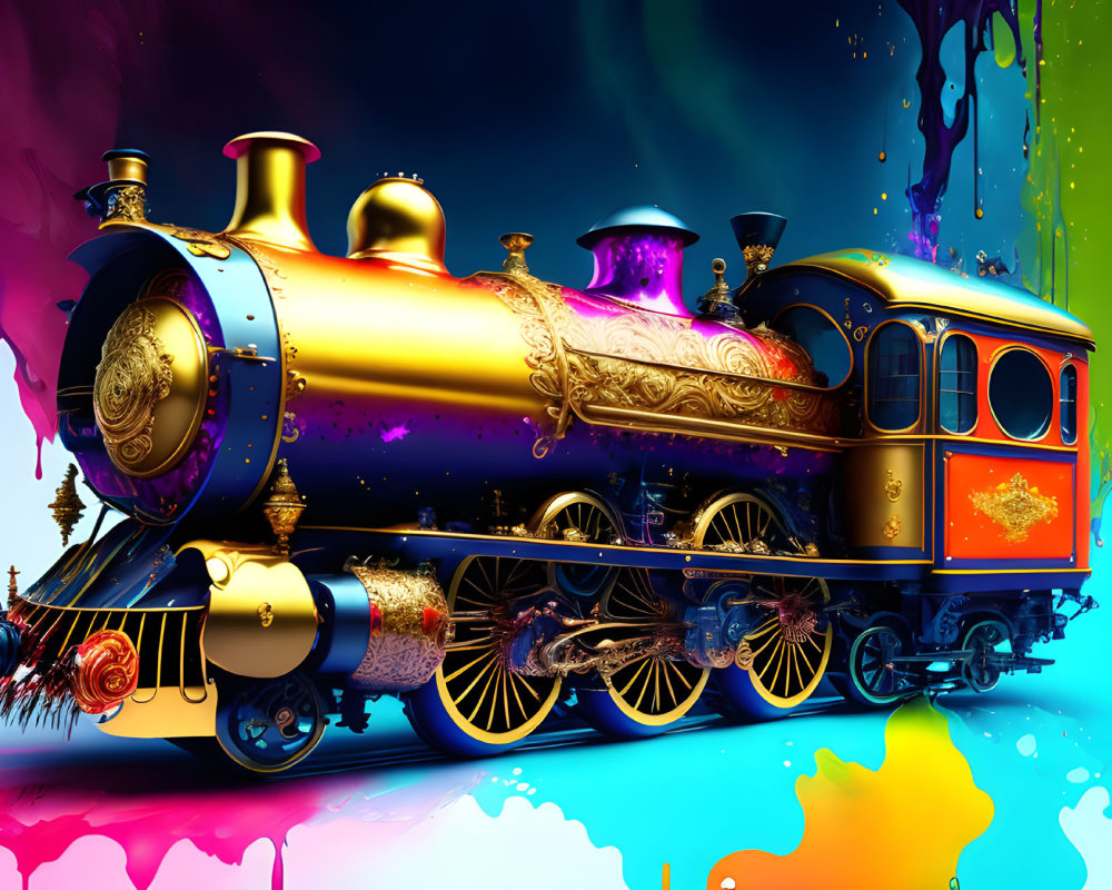 Colorful Fantasy Train with Golden Accents on Rainbow Background