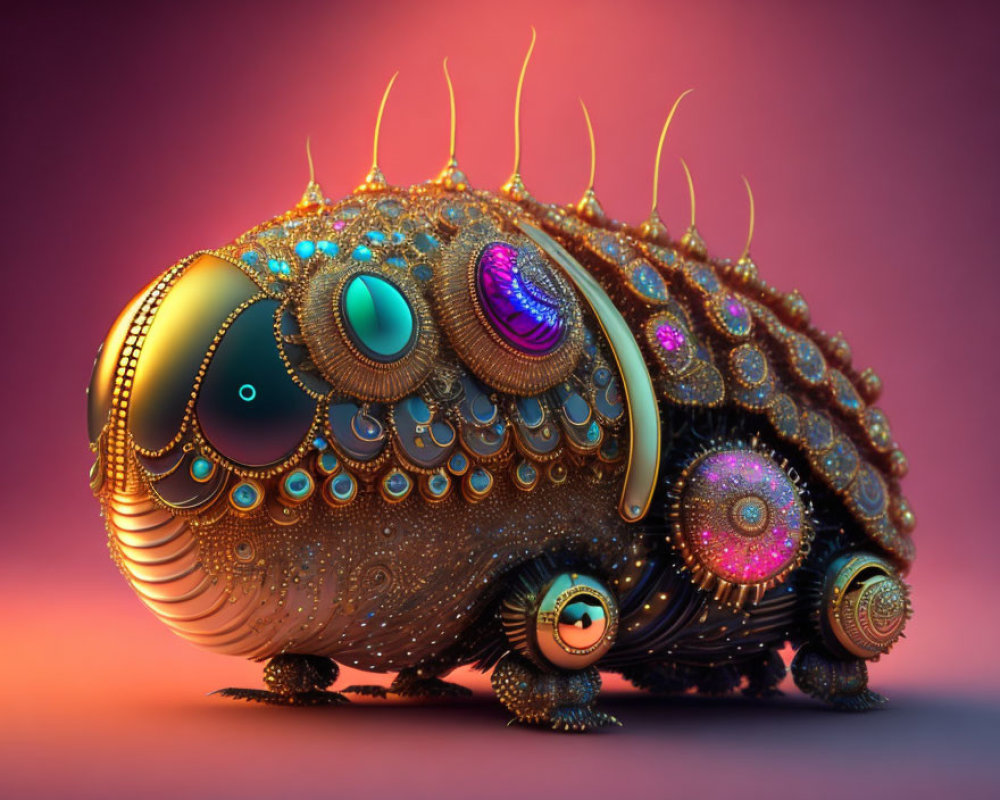 Fantastical digitally rendered creature with swirling eyes and golden spikes on warm gradient background