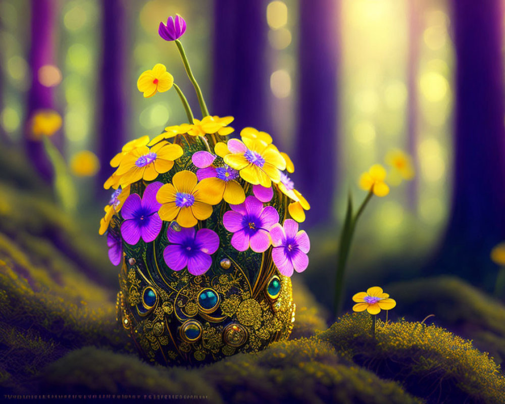 Colorful floral egg in enchanted forest with soft glowing light