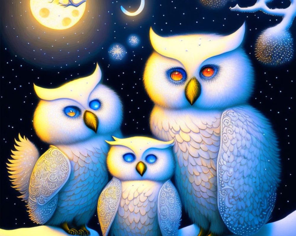 Whimsical owls under starry night sky with moon and witch silhouette