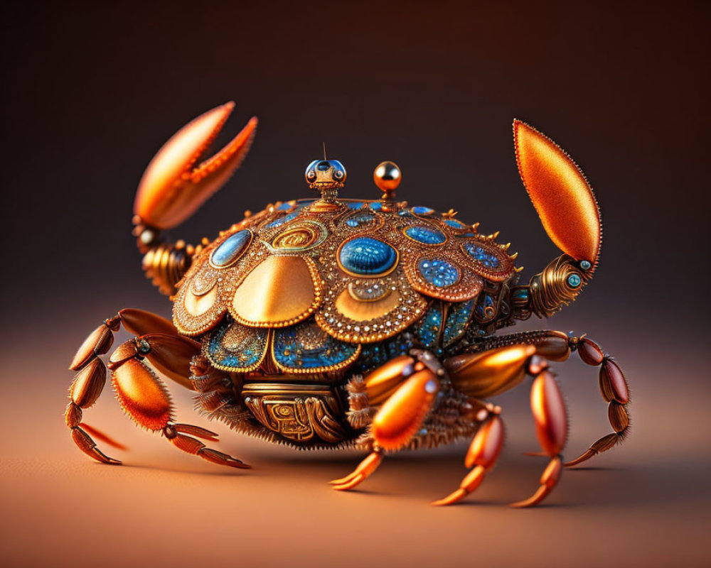 Detailed Steampunk Crab with Metallic Textures and Gears on Amber Background