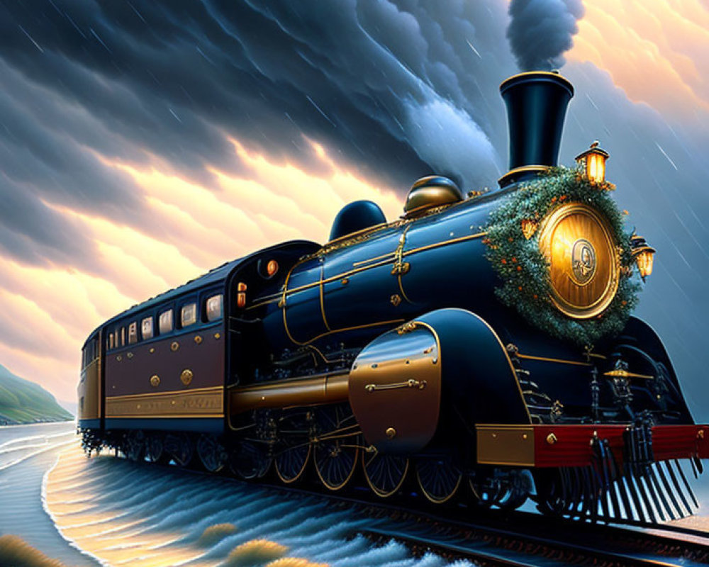 Vintage Steam Locomotive on Tracks Under Dramatic Clouds with Water Reflections