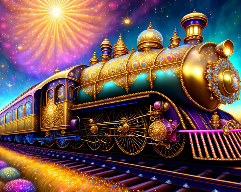 Golden ornate train on glittering track in vibrant cosmic landscape