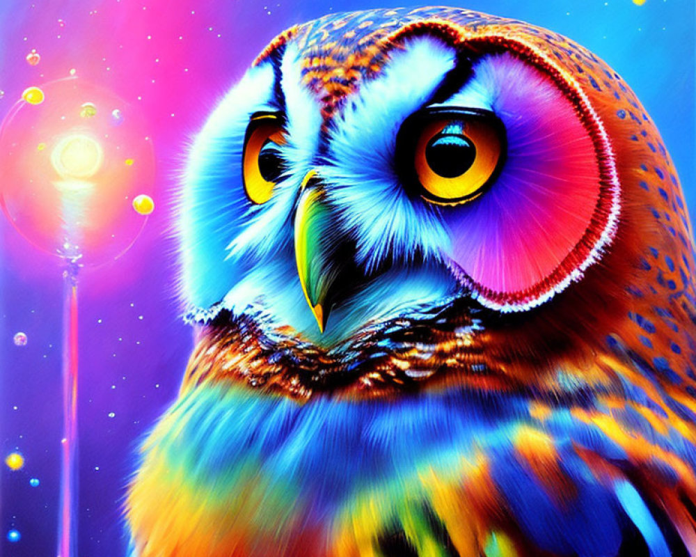 Colorful Owl Illustration with Red Eyes in Cosmic Setting