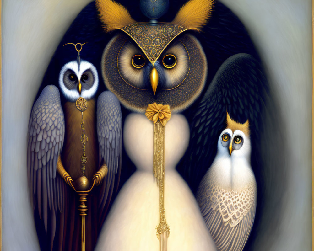 Anthropomorphic owl trio with expressive eyes and unique attire