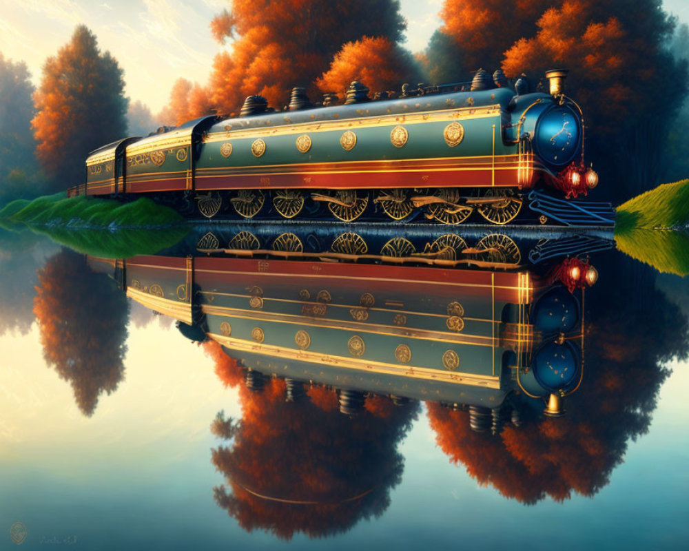 Steampunk-style ornate train over calm waters in autumn forest scene