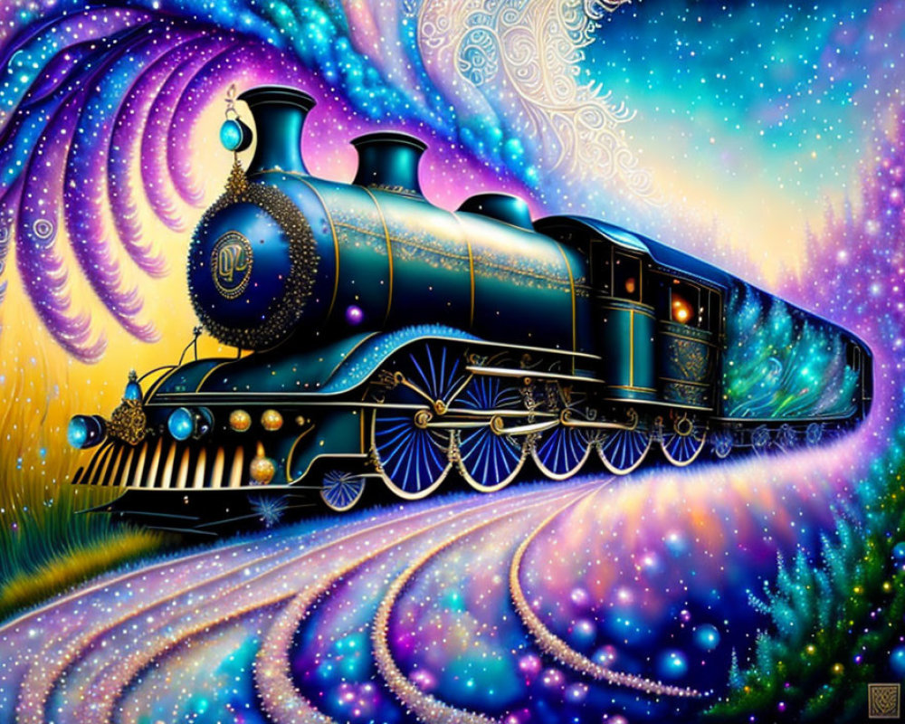 Colorful steam locomotive on cosmic background with swirling patterns.