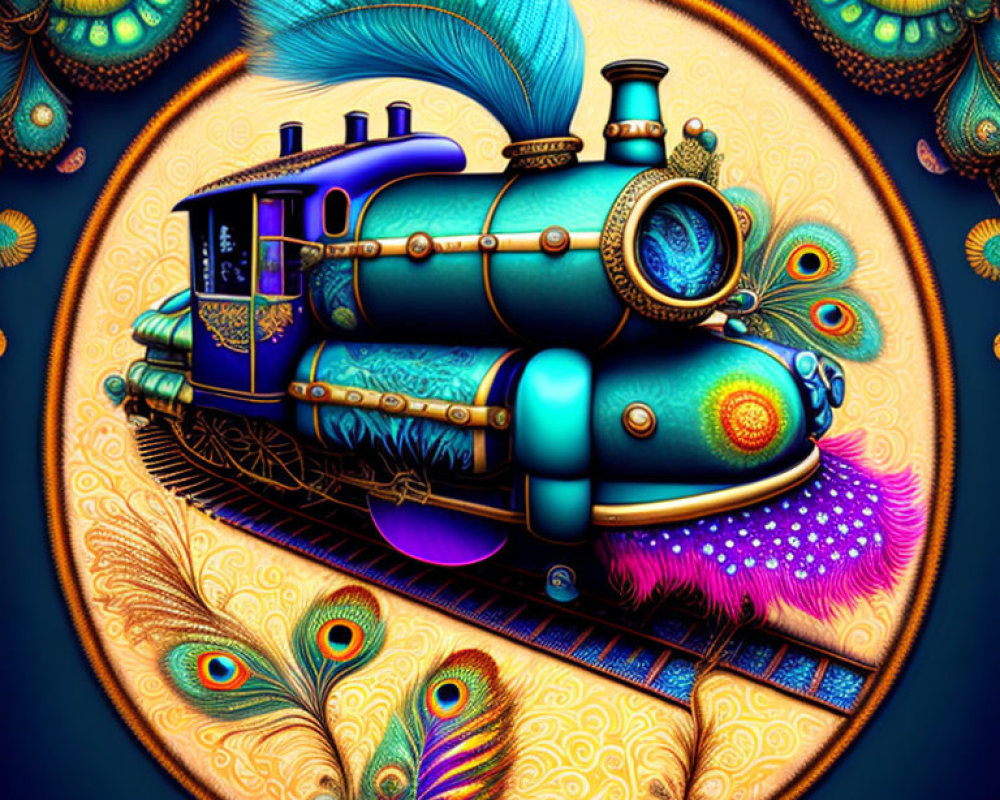 Colorful steampunk-style peacock train illustration on dark background