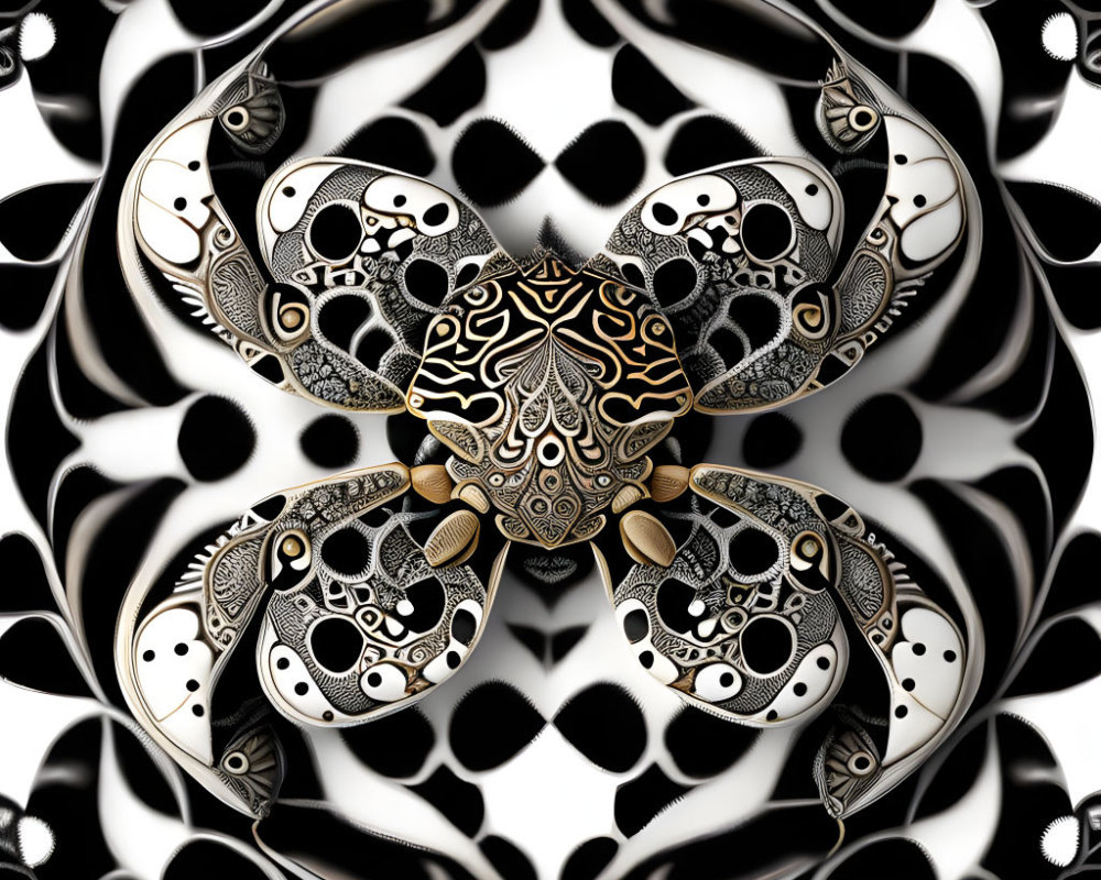 Detailed black and white crab mandala design with golden accents