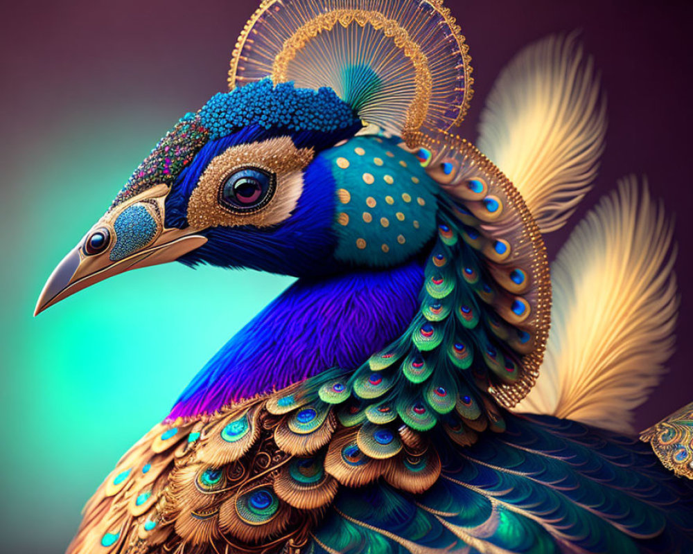 Colorful Peacock Illustration with Detailed Feathers and Crown Crest