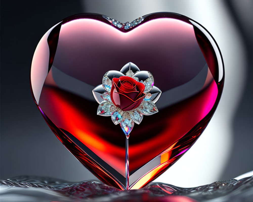 Reflective Red Heart with Diamond Rose Illustration on Glossy Surface