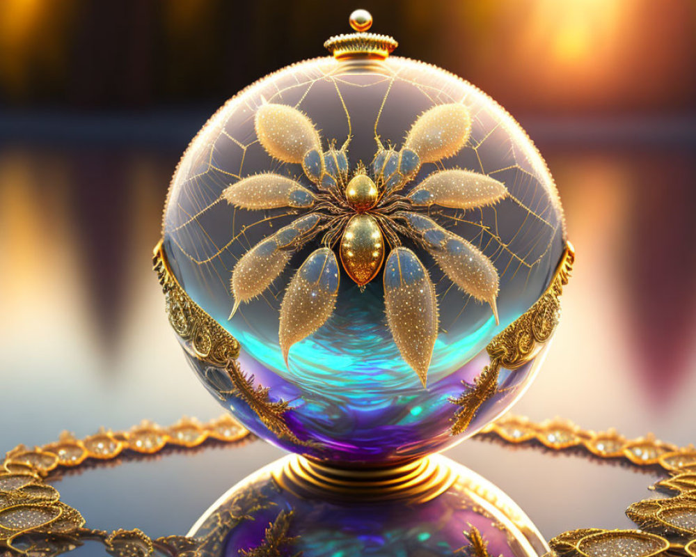 Golden Mechanical Insect Design on Transparent Ornate Orb