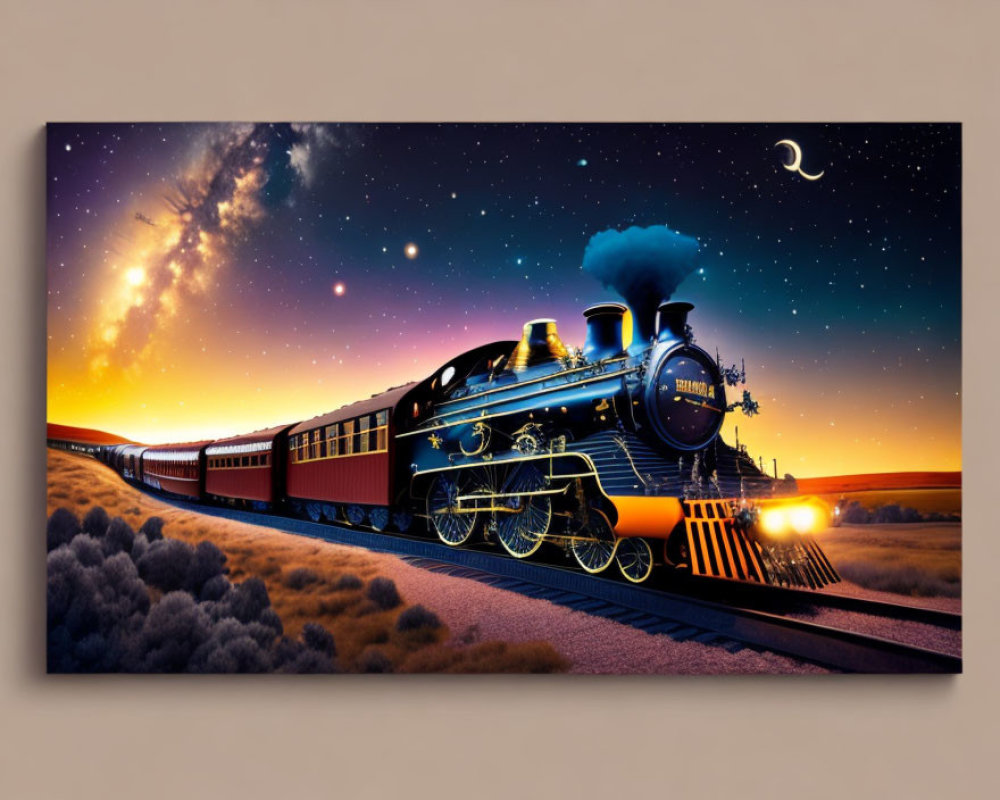 Digital artwork: Vintage train in twilight landscape with starry sky