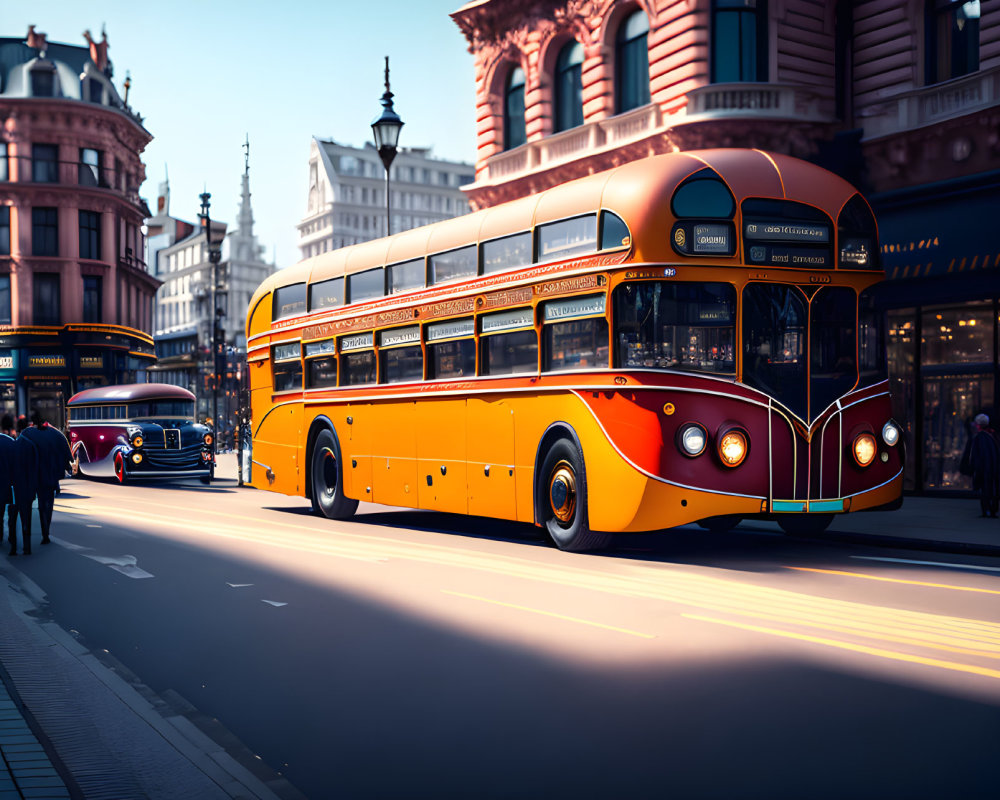 Vintage orange bus on bustling city street with classical architecture.