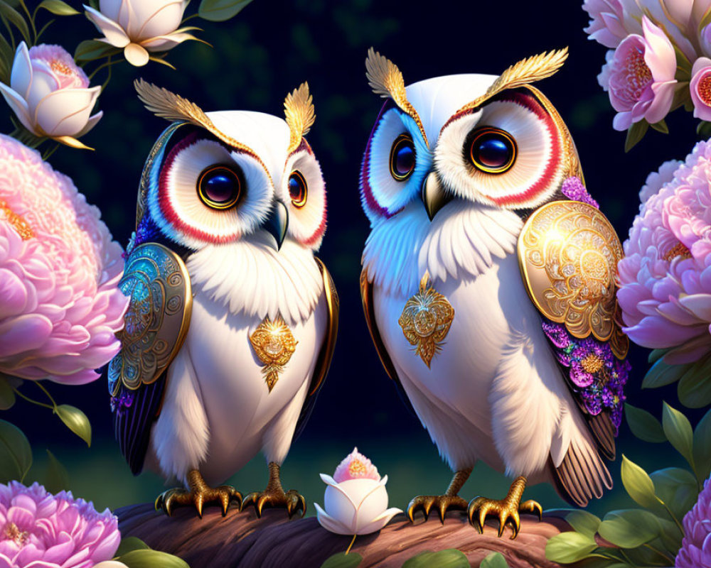 Ornate Decorated Owls Perched on Branch with Flowers and Glowing Light