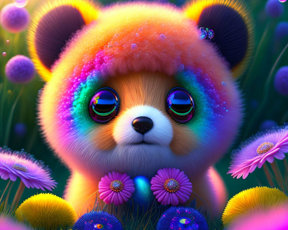 Rainbow-colored fluffy creature in cartoon style among vibrant flowers and grass