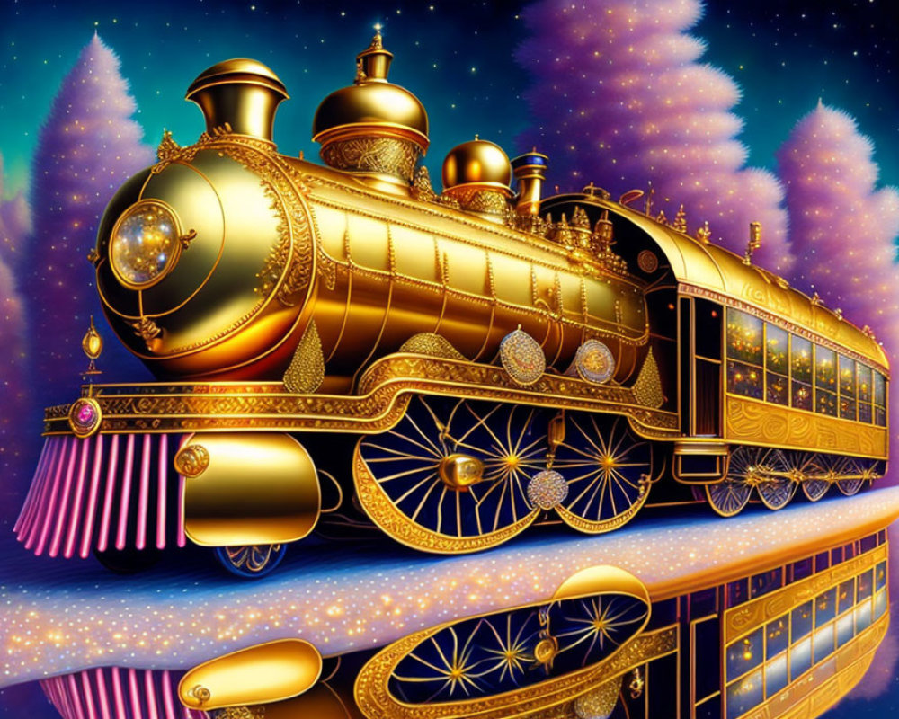 Golden ornate train under starry night sky with purple and blue hues