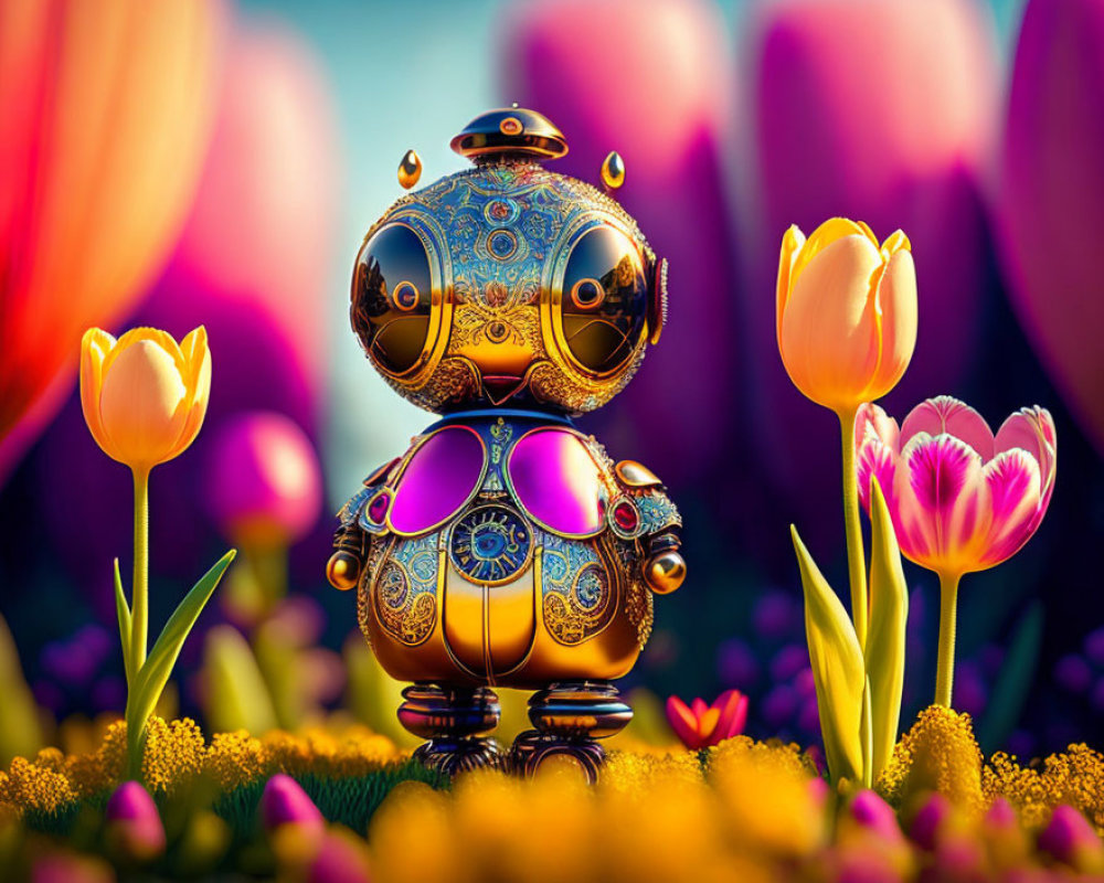 Intricate spherical robot among vibrant tulips in colorful landscape