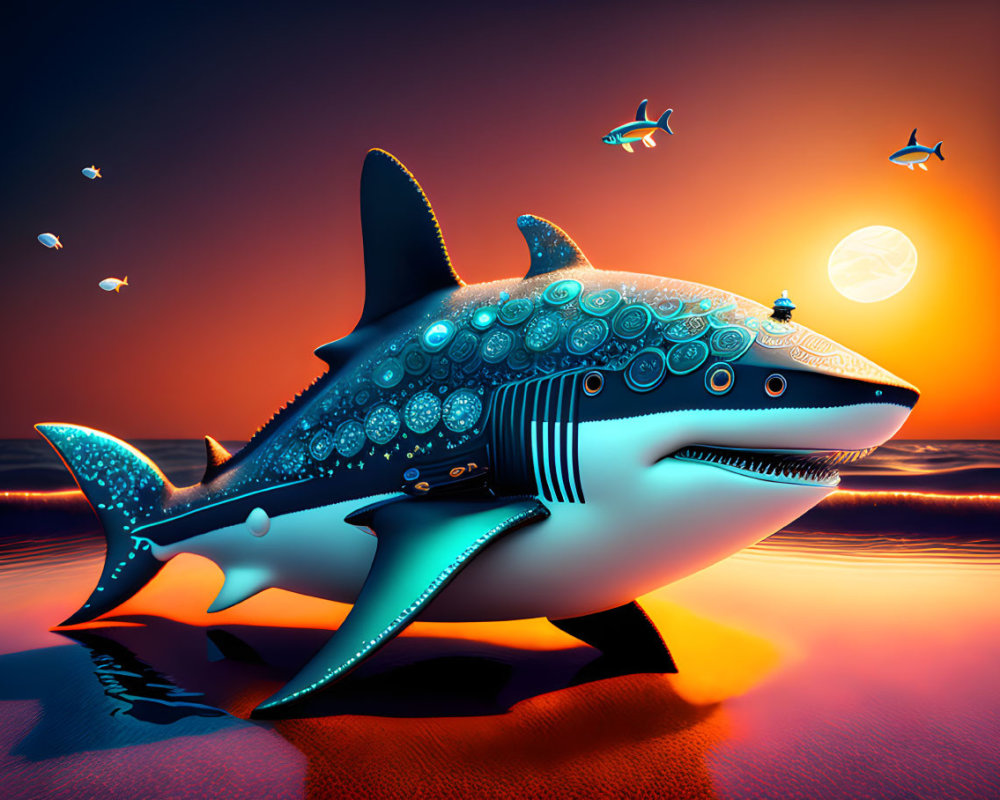 Mechanical shark illustration in ocean at sunset with moon reflection