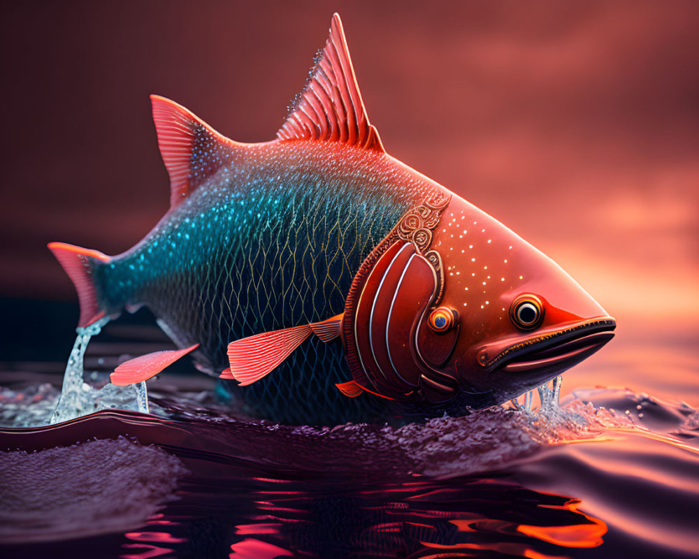 Colorful digital art: Fish with intricate patterns in water under red light