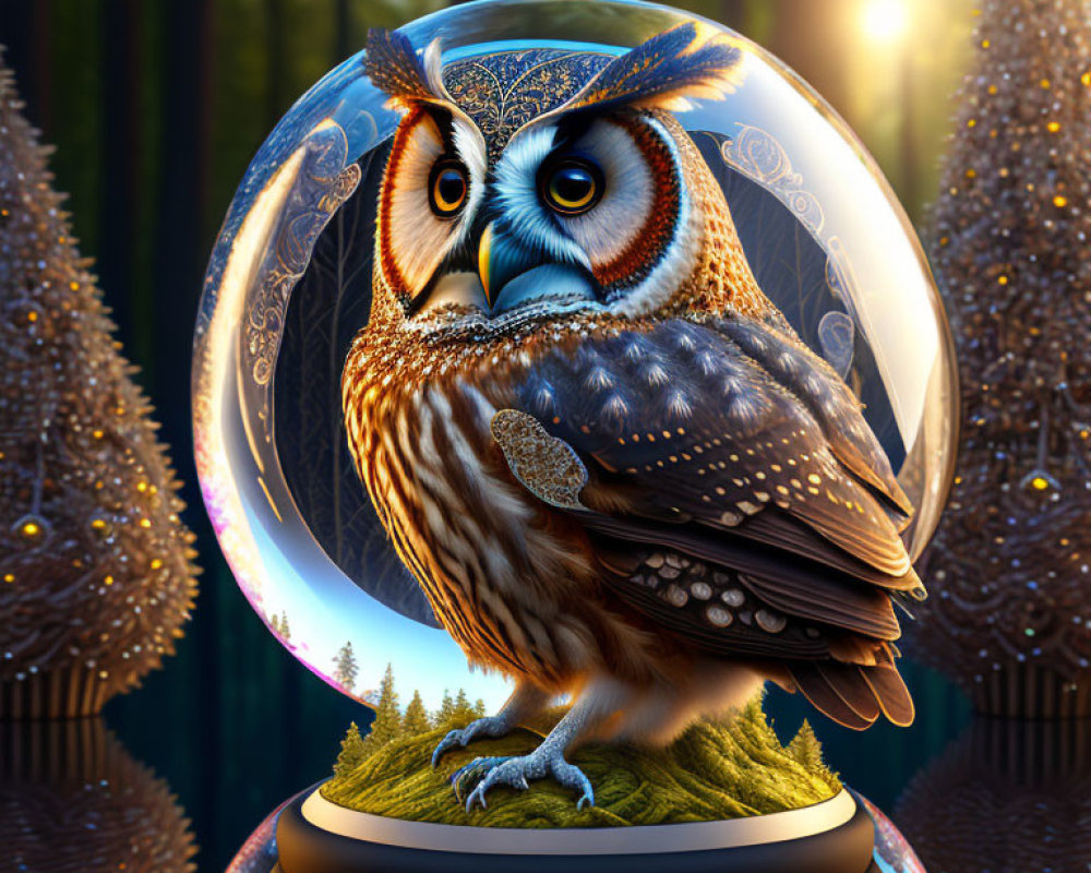 Stylized owl in transparent orb with pine trees in mystical forest