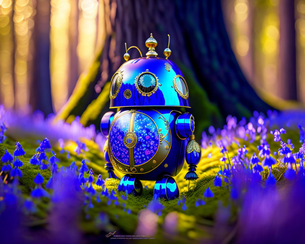 Blue and Gold Ornate Robot in Mystical Forest with Purple Flowers