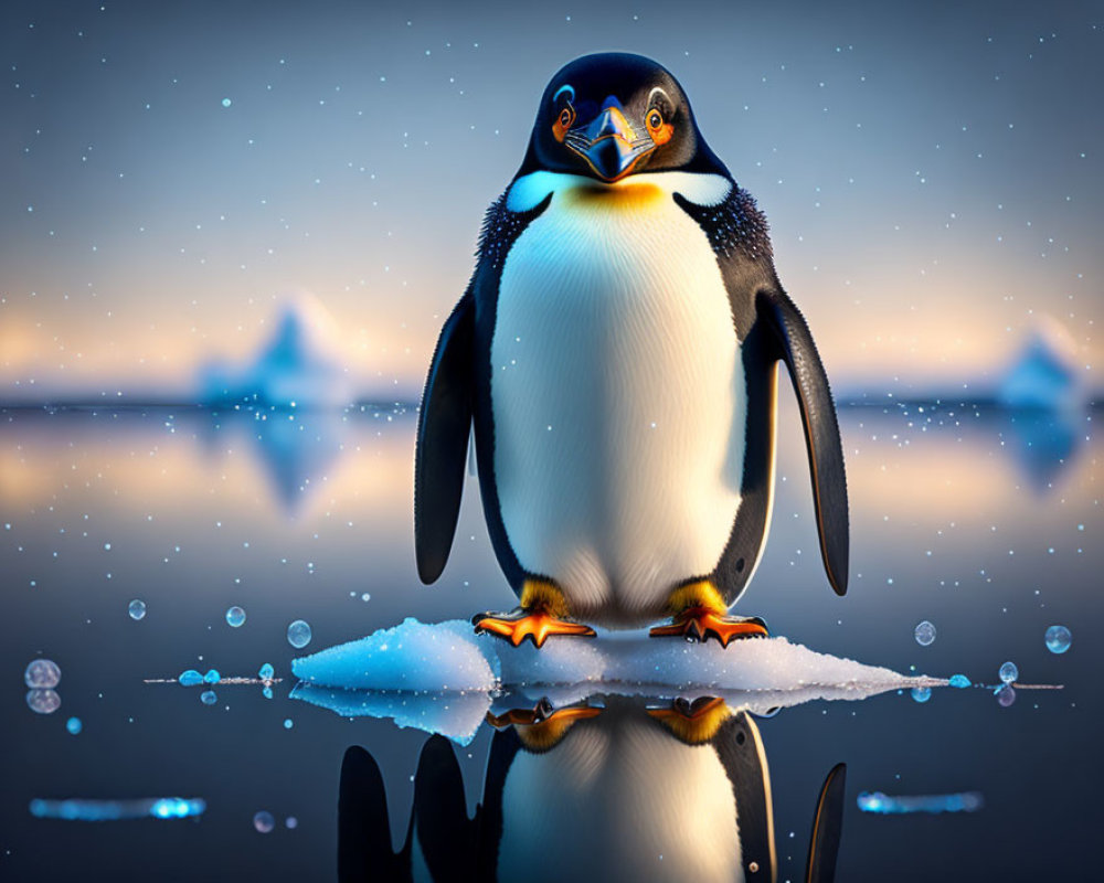 Penguin on Ice Floe with Icebergs in Twilight