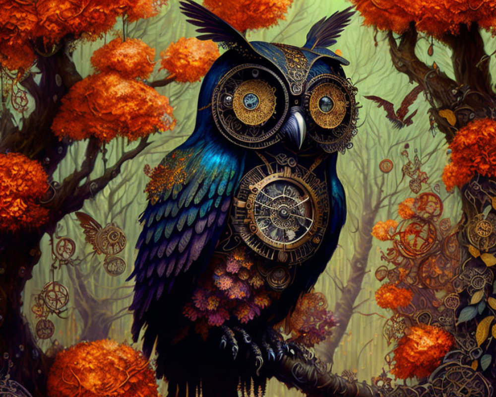 Intricate clockwork owl in autumn forest with orange foliage