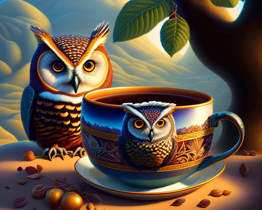 Two Owls Perched on Tree and Teacup with Coffee Beans and Almonds in Twilight Setting