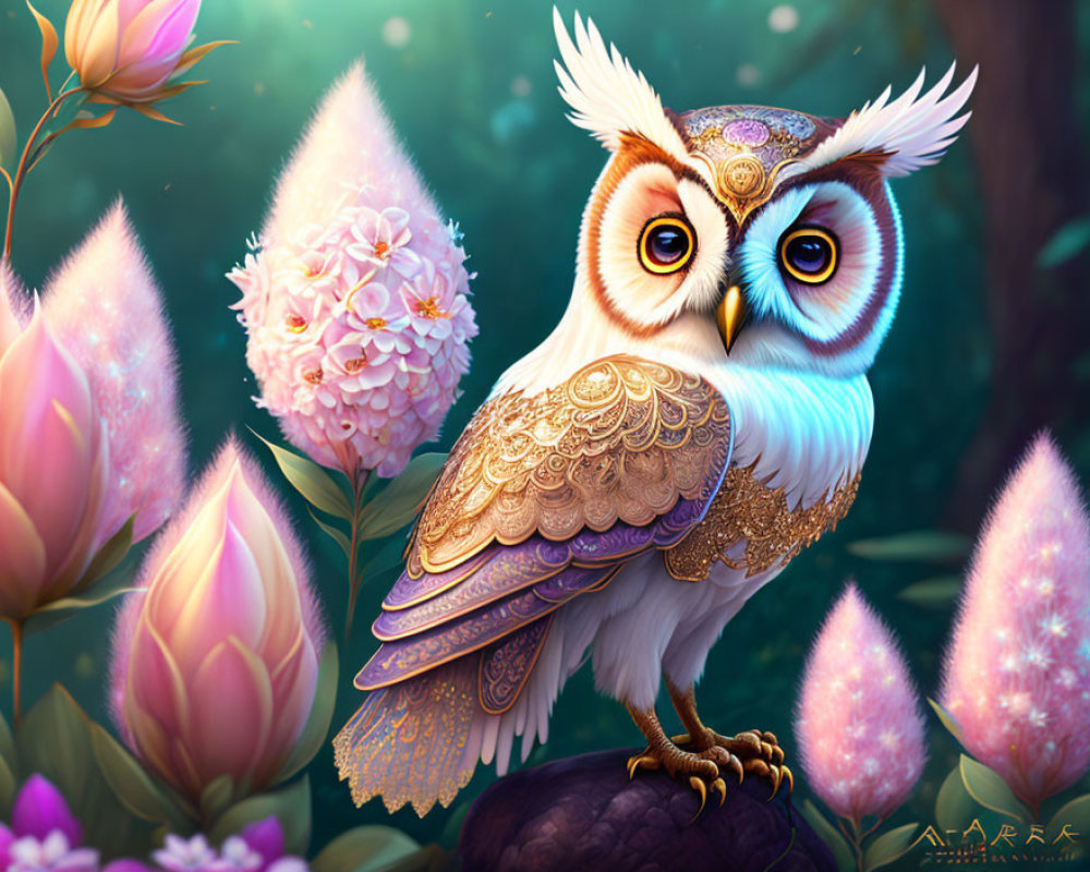 Stylized owl with gold and white patterns in vibrant forest scene