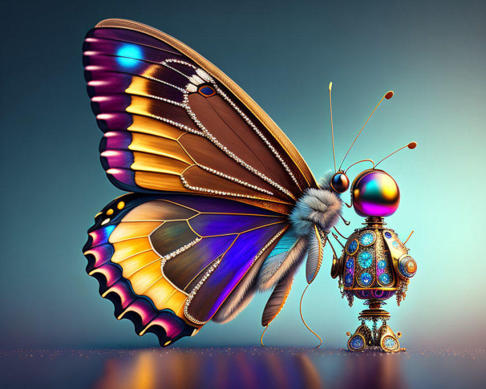 Colorful butterfly and steampunk robot touch antennae on blue background