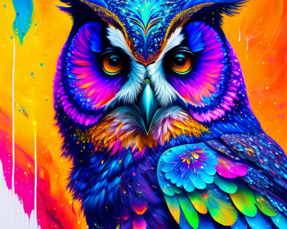 Colorful Owl Artwork with Psychedelic Patterns and Dripping Paint