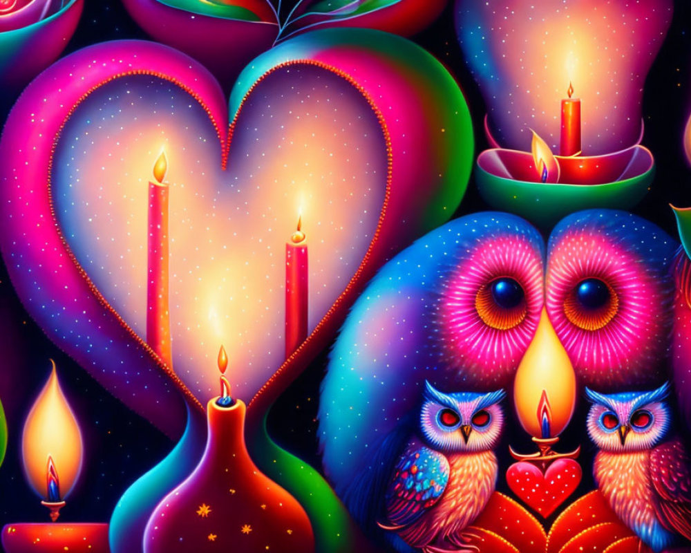 Colorful Owl Illustration with Hearts, Candles, and Heart-Shaped Tree