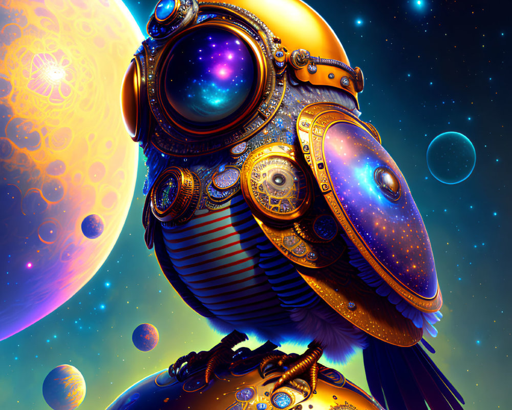 Colorful Owl in Spacesuit Artwork with Cosmic Background