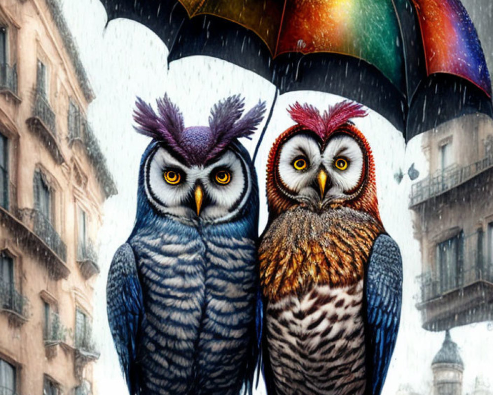 Illustrated owls under colorful umbrella in urban rain scene